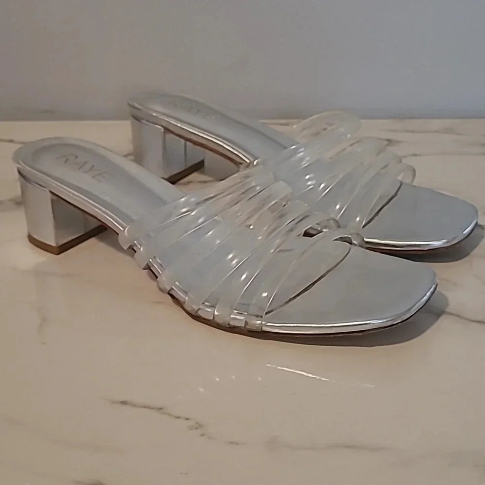 Raye Lyric Revolve Women's 9.5 Metallic Silver and Clear Strappy Heeled Sandals
